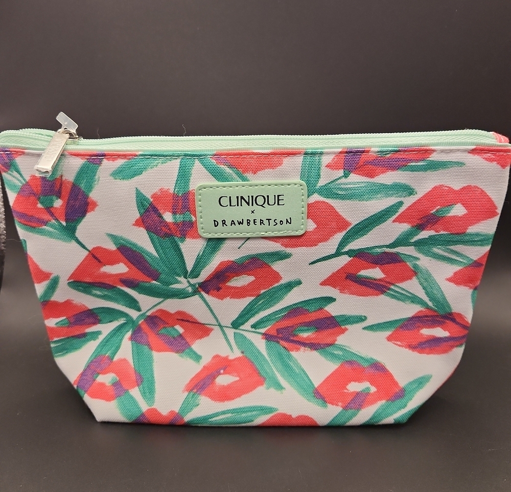 Clinique Drawbertson Coral Mint Lip Print Cosmetic Pouch NWT